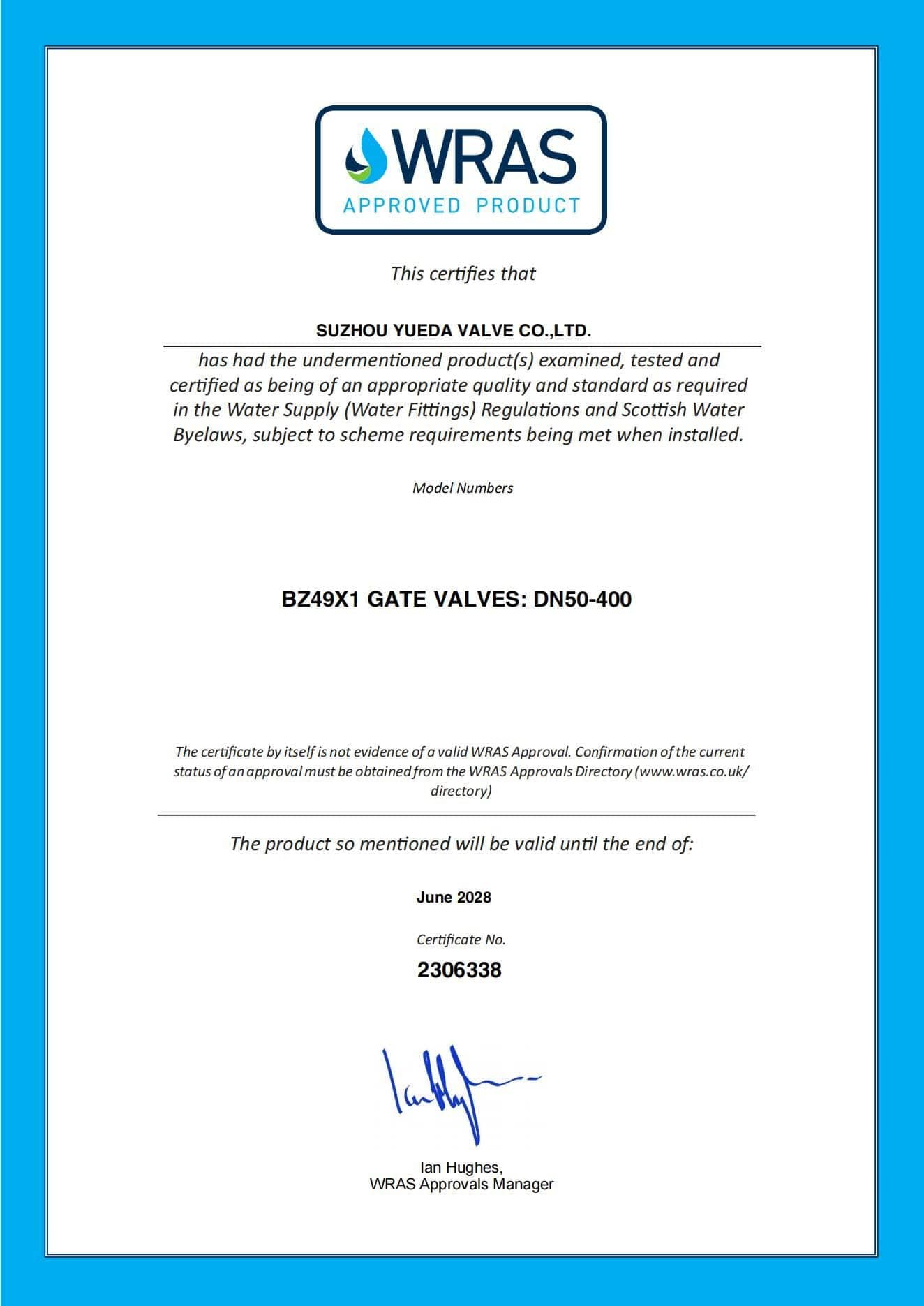 Suzhou Yueda Valve Co., Ltd WRAS Certificate